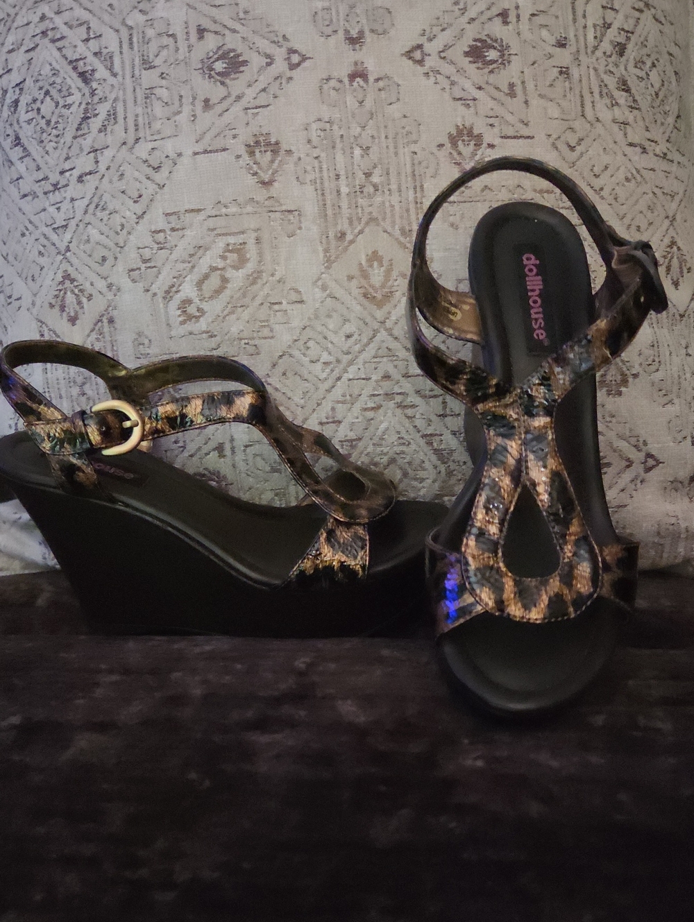 Dollhouse Leopard-Print Wedge Sandals in Black and Brown